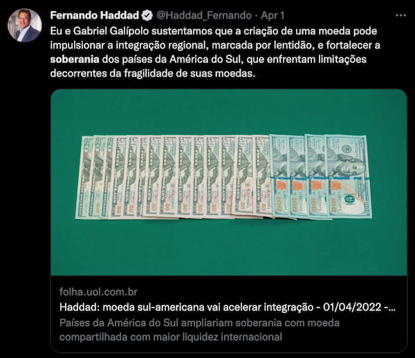 Fernando Haddad sobre uma moeda única na América Latina.