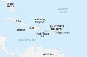 Mapa do mar do Caribe com a ilha São Cristóvão e Névis