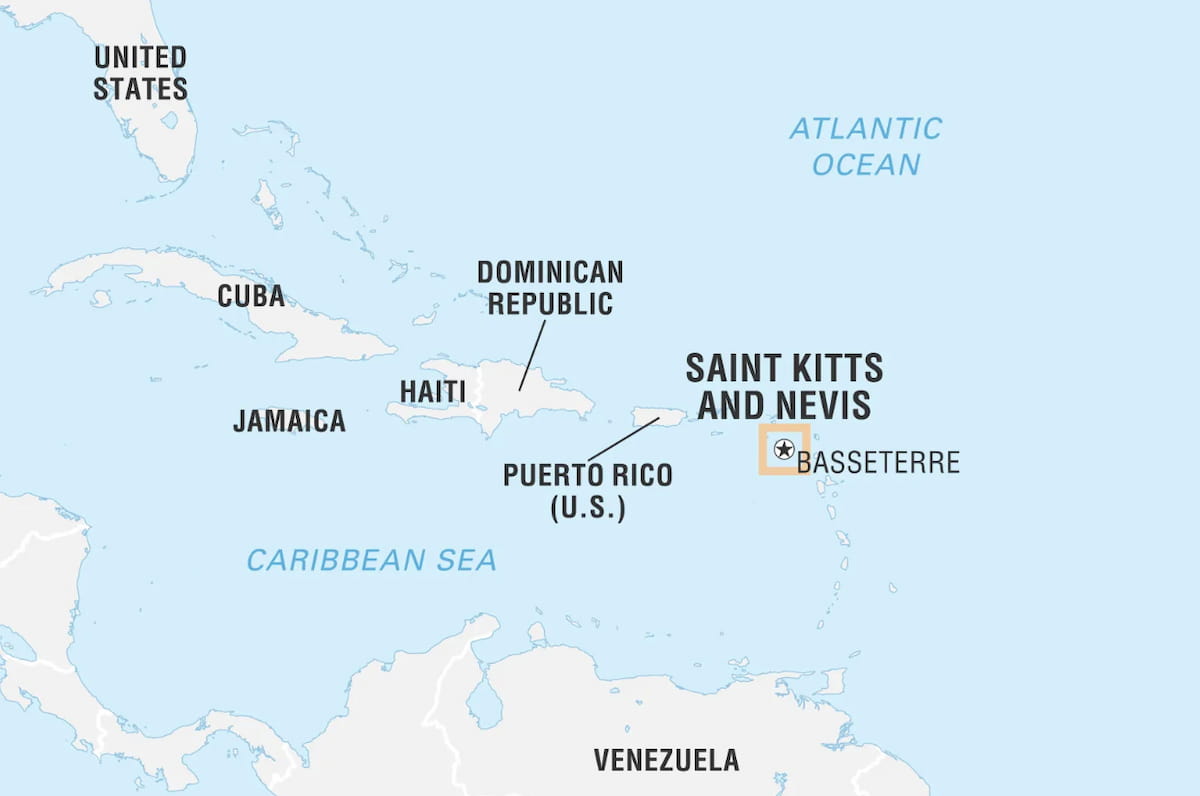 Mapa do mar do Caribe com a ilha São Cristóvão e Névis