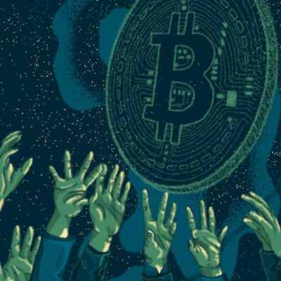 Desenho da moeda bitcoin com mãos querendo tocá-lo