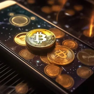 Bitcoin em cima de um celular