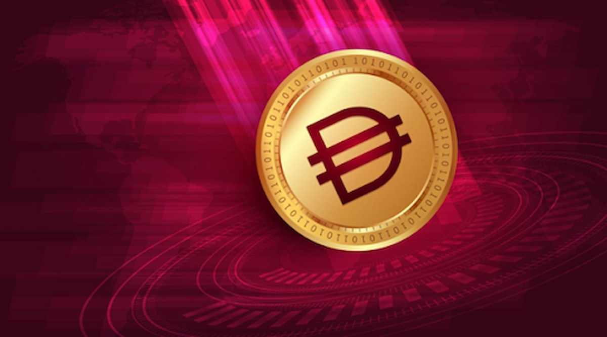 Moeda Dai em um fundo rosa