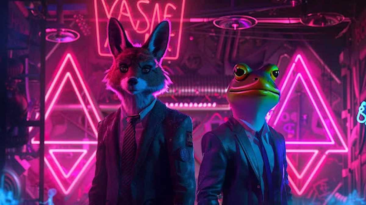 Duas pessoas com máscaras, uma de canguru e a outra de sapo