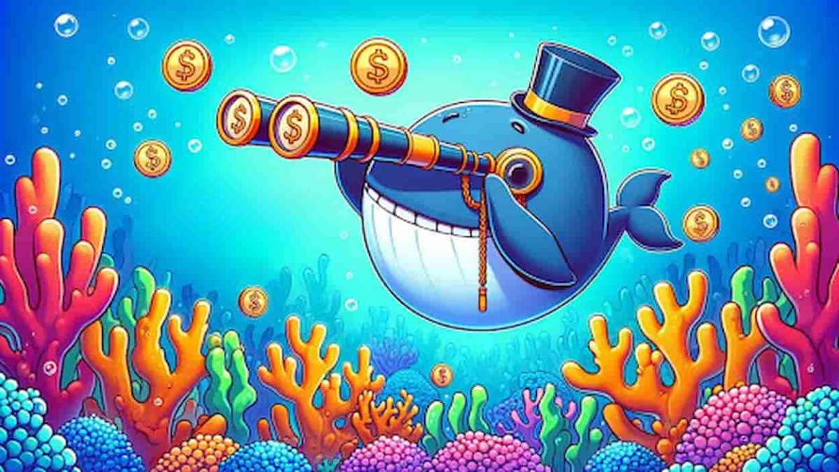 Baleia com binóculos olhando bitcoin