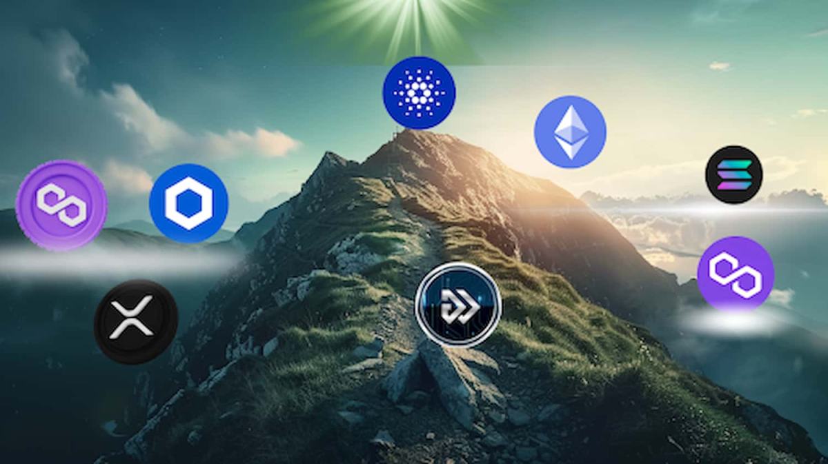 Montanha com várias Altcoins em volta