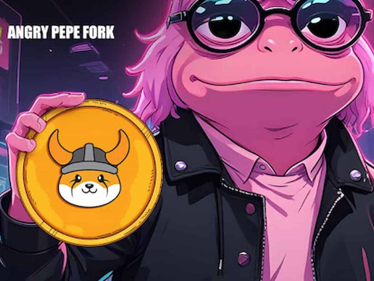 Angry Pepe Fork segurando uma moeda do Dogecoin.