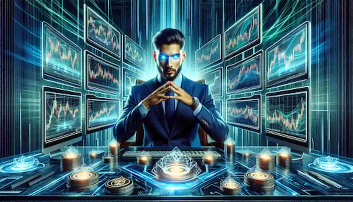 Investidor em um quarto tecnológico.