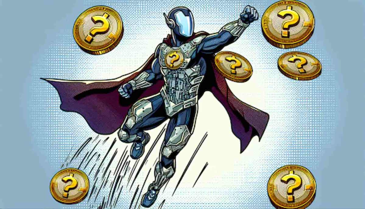 Super-herói feito de metal com moedas ao seu redor.