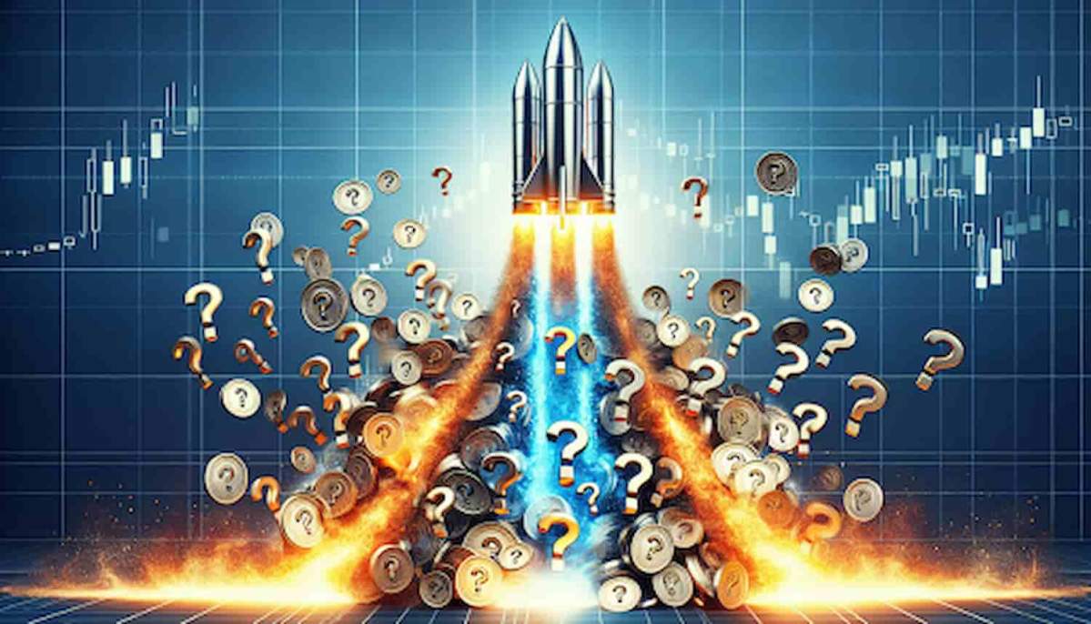 Foguete decorando saindo de uma montanha de moedas.
