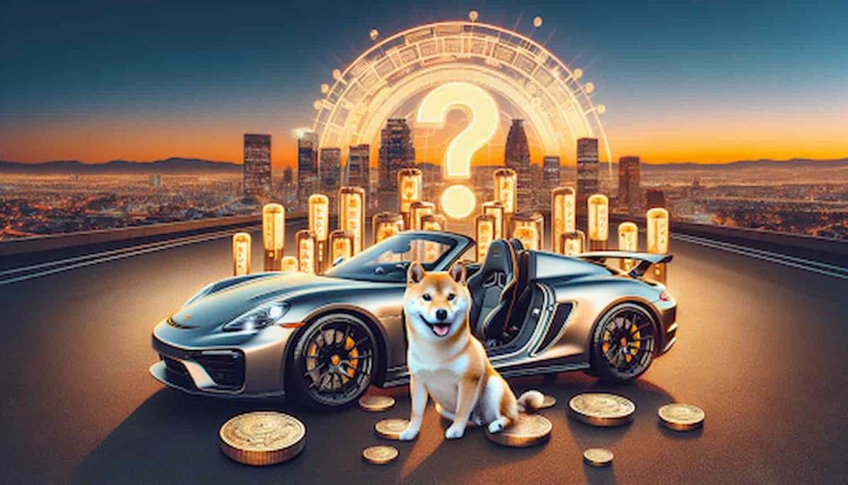 Shiba Inu com um carro de lucro e dinheiro ao redor