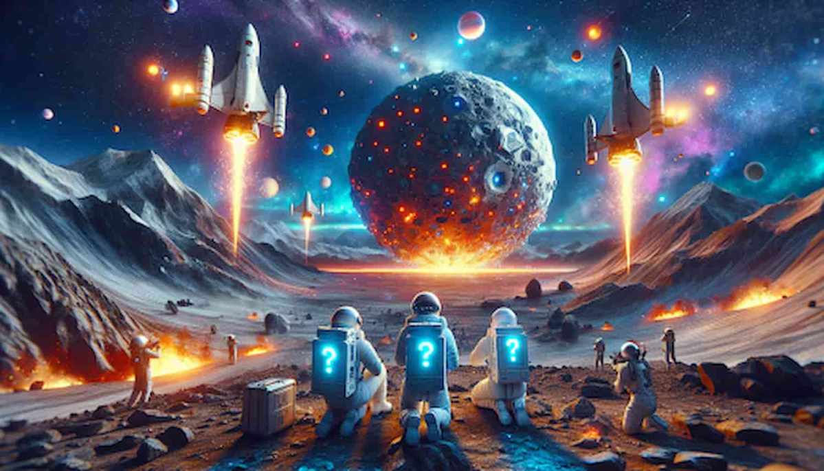 Astronautas e naves observando um asteroide.