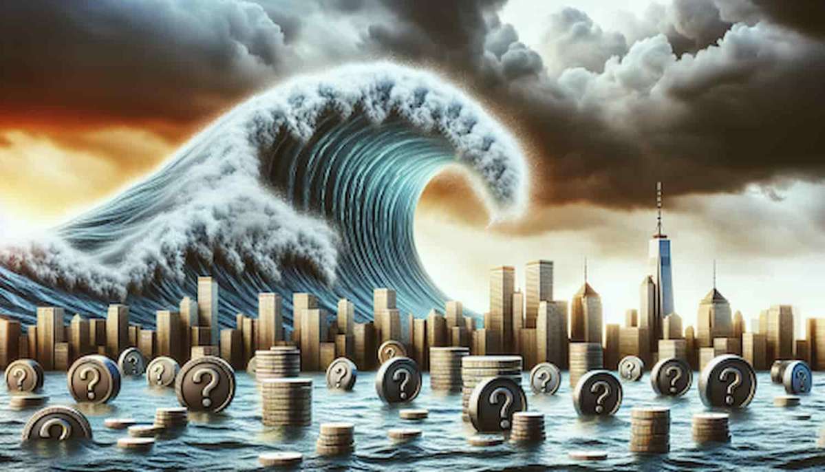 Tsunami em uma cidade feita de moedas.