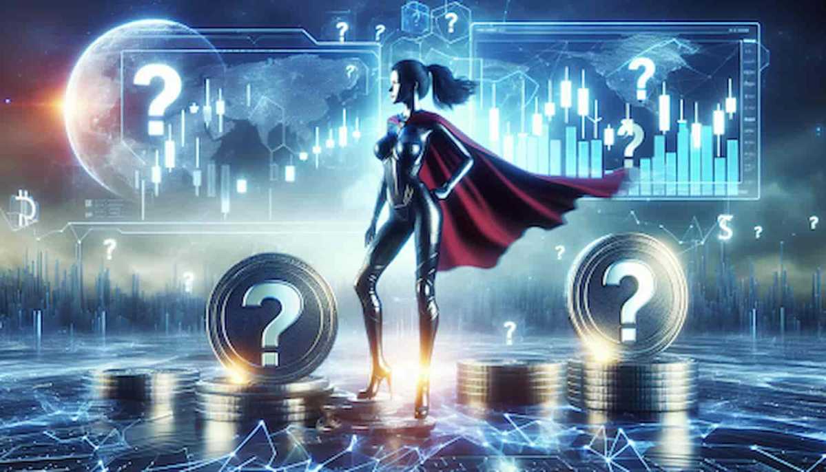 Super heroina com altcoins em volta.