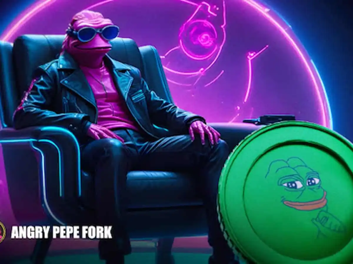 Angry Pepe Fork personificado sentado em uma poltrona olhando sua moeda.