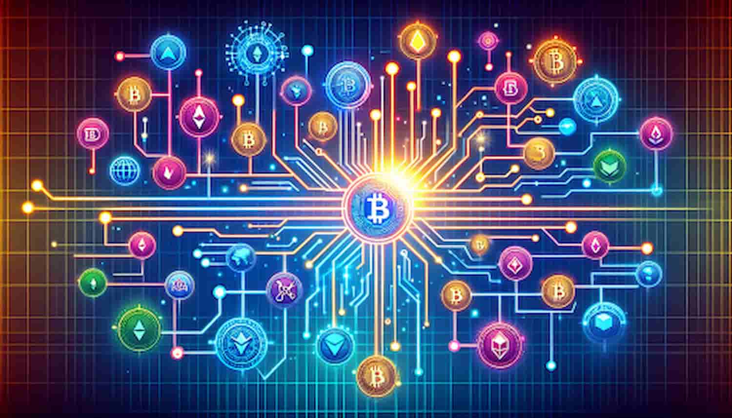 Bitcoin no meio de um circuito feito de criptos