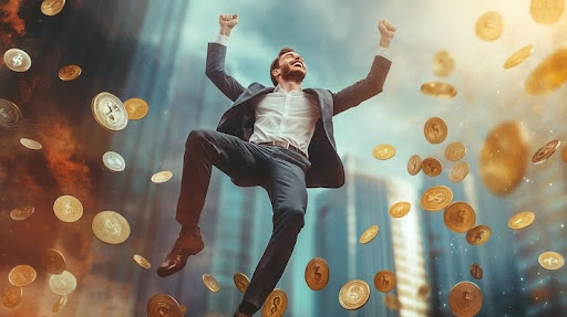 Homem pulando com moedas caindo do céu