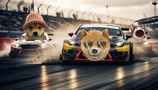 Carros de corrida com memecoins neles