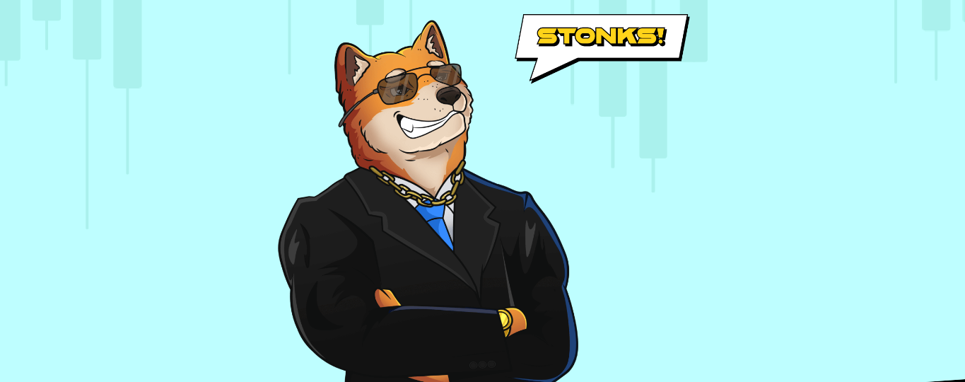 Dogecoin com terno falando stonks