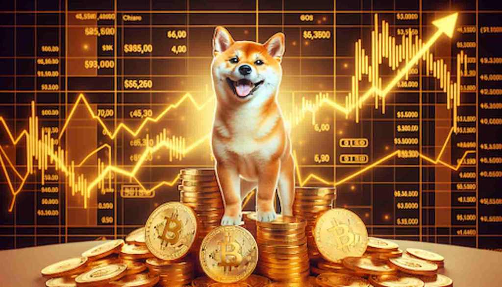 Shiba inu em cima de pilhas de moedas