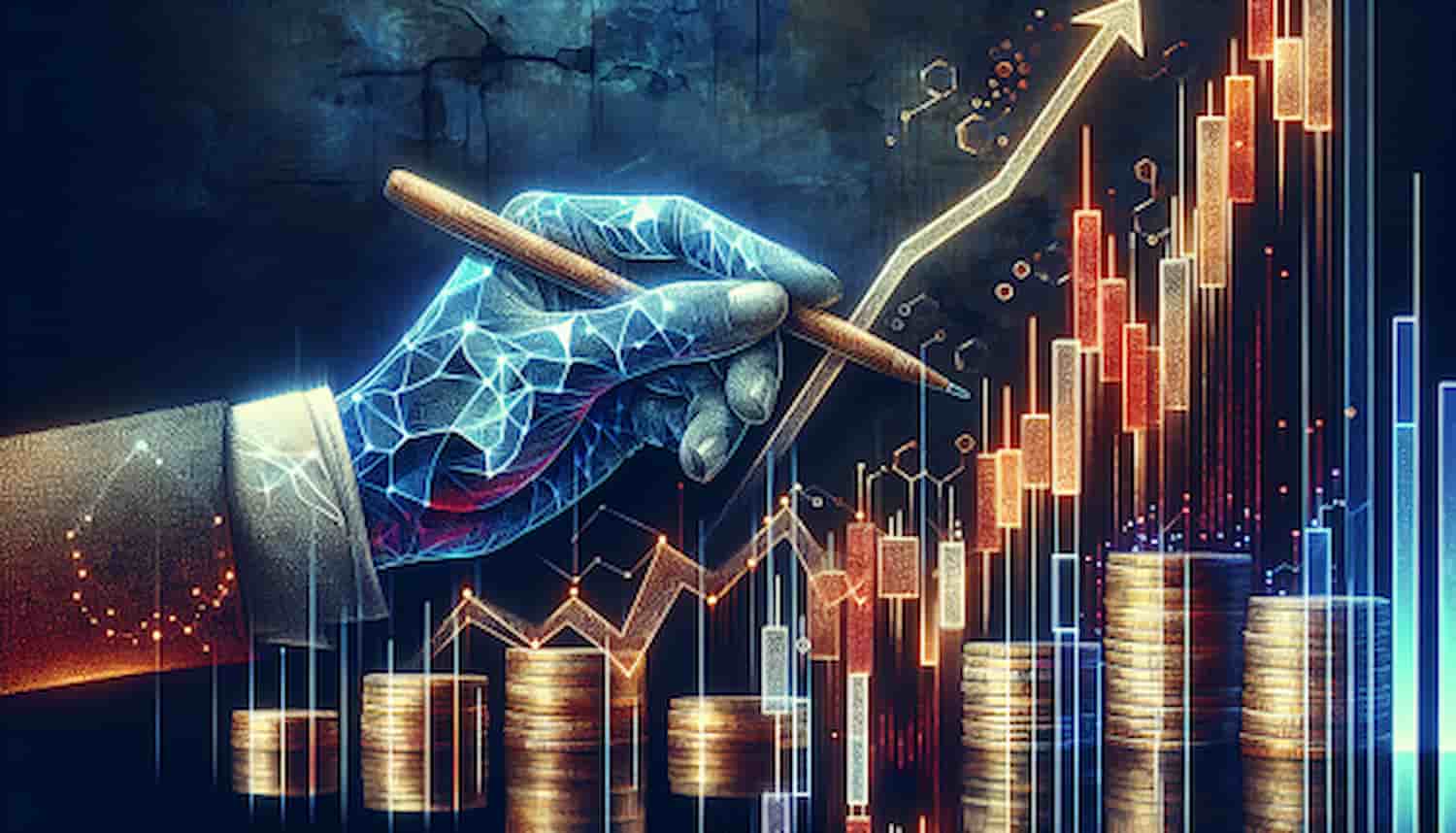 Gráfico em alta e pilhas de moedas