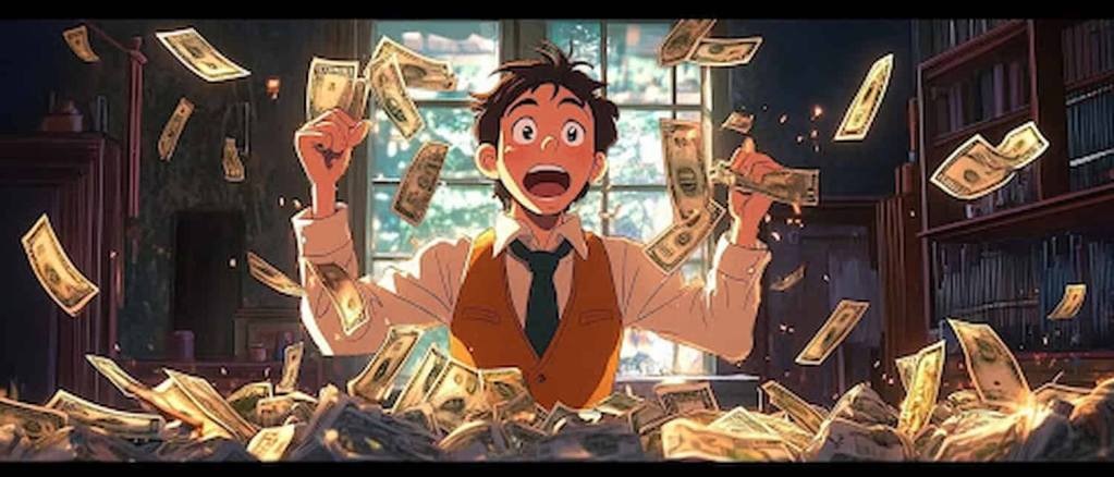 Menino levantando uma pilha de dinheiro