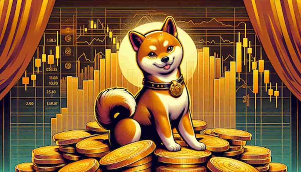Shiba inu em cima de pilhas de moedas