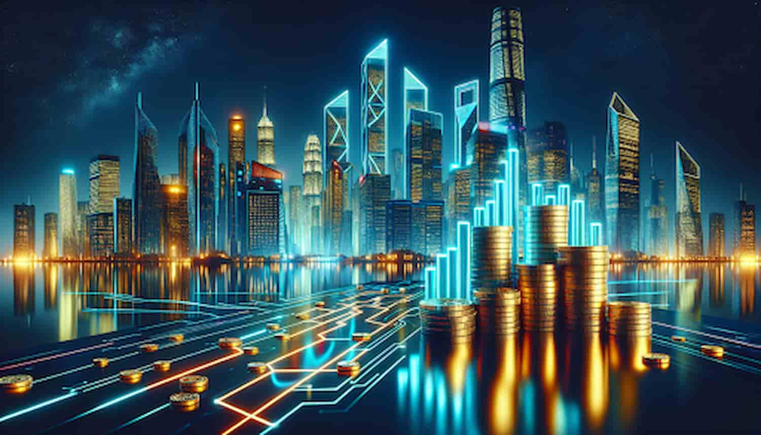 Cidade futurista e pilhas de moedas