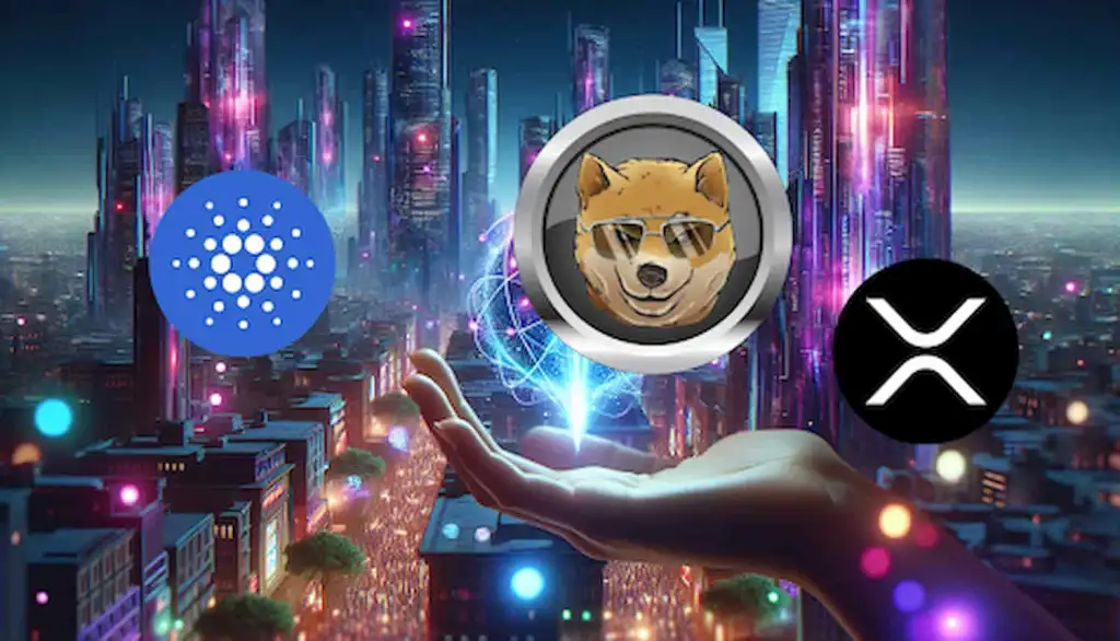 Dogen, Cardano e XRP em uma cidade futurista