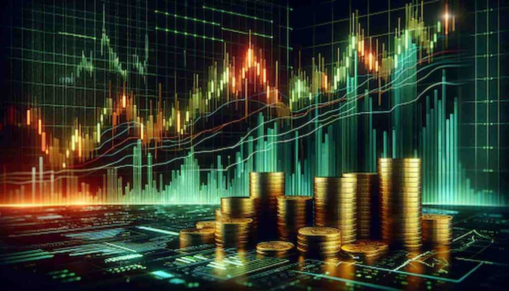 Gráfico em alta e pilhas de moedas