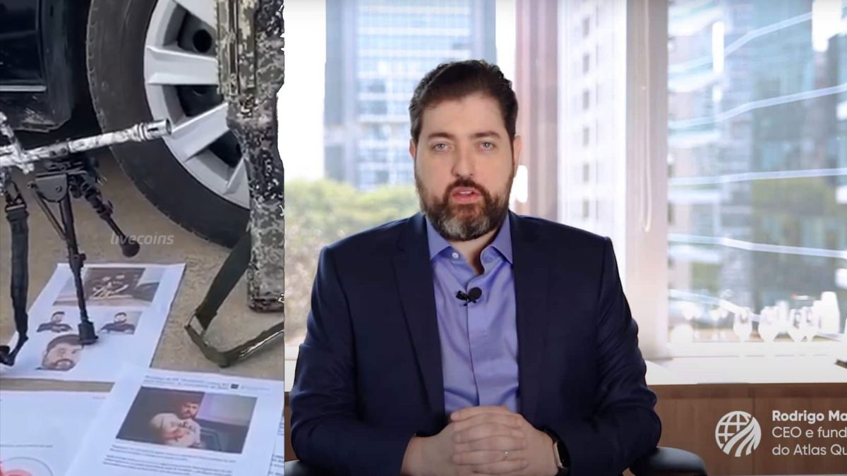 Investidores lesados pela Atlas Quantum aparecem em vídeo com fuzis, destacando fotos do criador do golpe para chamar atenção.      